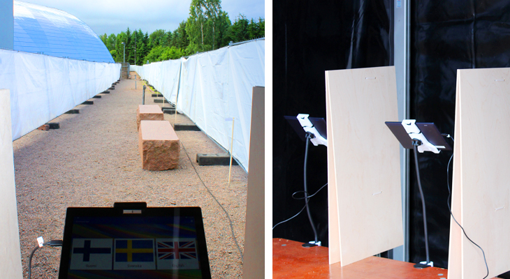 Targets appear at different distances in the pathway and participants do the identification task on the screen in front of them.